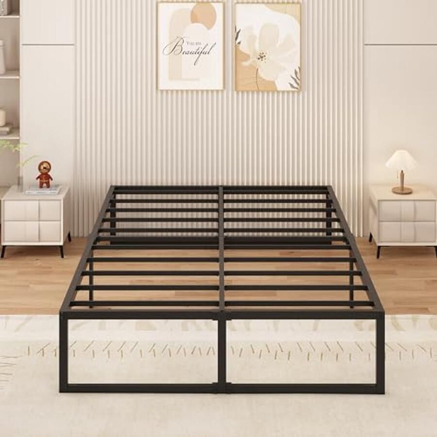 Metalen Bed 160 x 200 cm met Lattenbodem Dubbel Bed Stabiele Makkelijk Te Monteren Bedframe Zwart