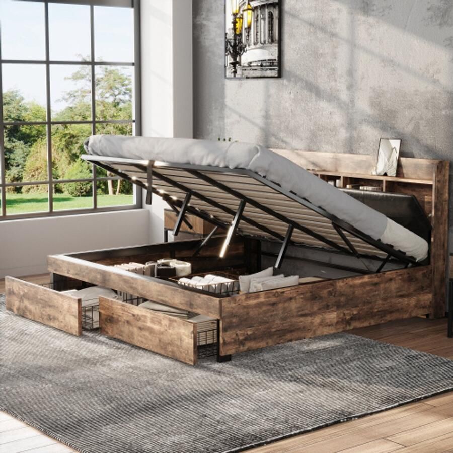 Metalen bed 180 x 200 cm hydraulisch bed jeugdbedden tweepersoonsbed met opberghoofdeinde en metalen lattenbodem zonder matras voor volwassenen kinderen tieners houtkleur + zwart