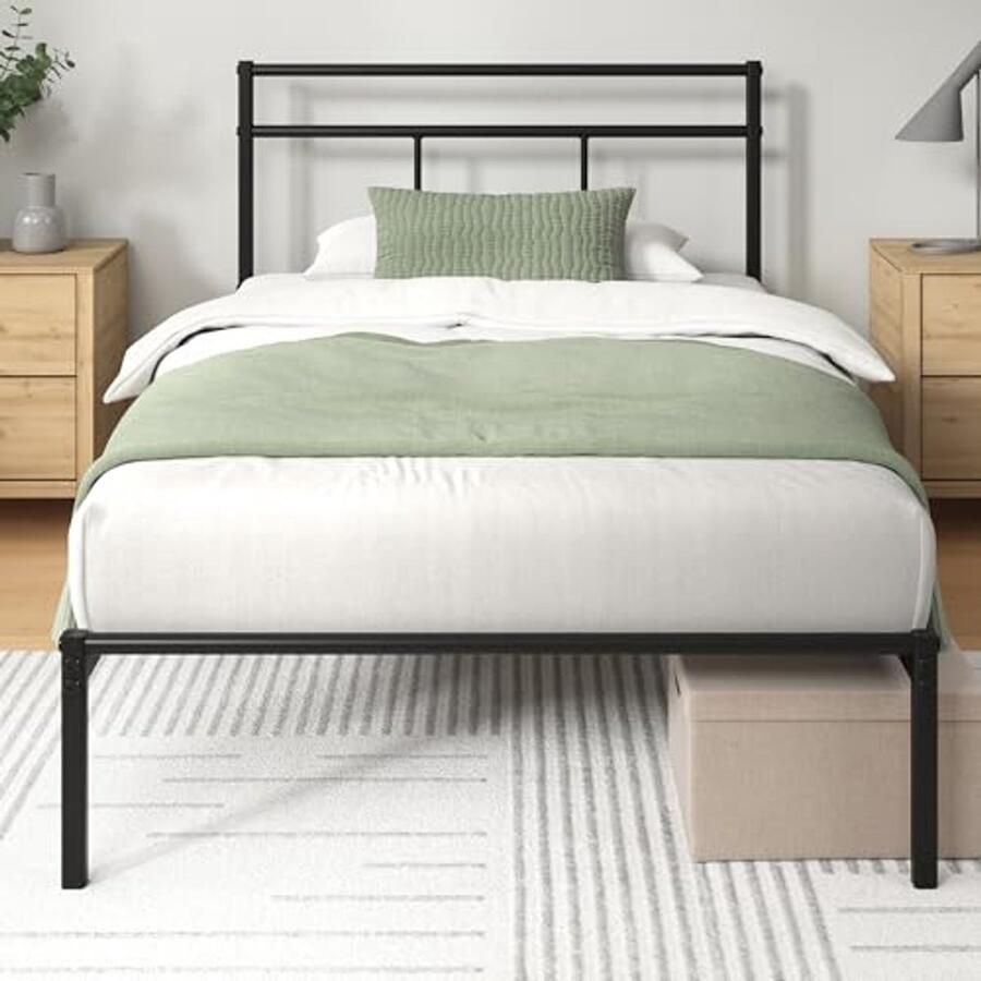 Metalen Bedframe 90 x 190 cm met Hoofdeinde en Opbergruimte Eenvoudige Montage en Modern Design