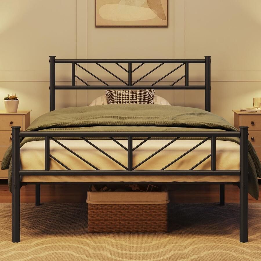 Metalen bed 90 x 190 cm minimalistisch bedframe met hoofdeinde logeerbed met lattenbodem voor slaapkamer logeerkamer 32 cm hoogte onder het bed zwart