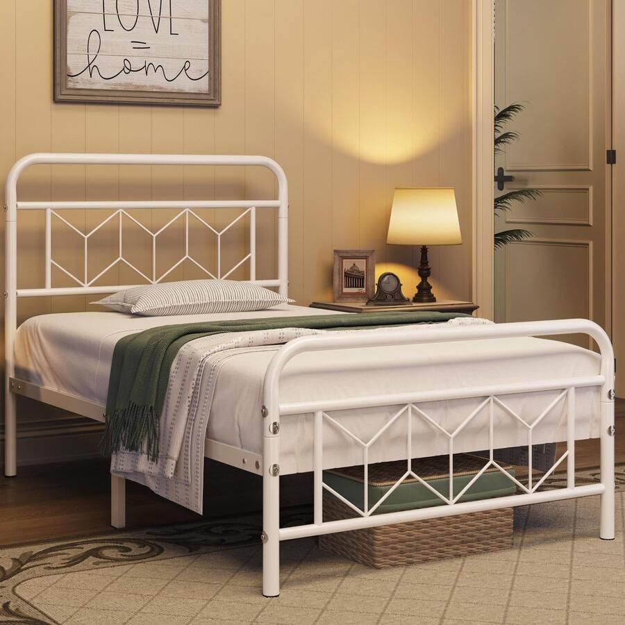 Metalen bed 90 x 190 cm vintage bedframe met hoog hoofdeinde bedframe modern minimalistisch eenpersoonsbed met lattenbodem en opbergruimte onder het bed voor slaapkamer rokerig wit