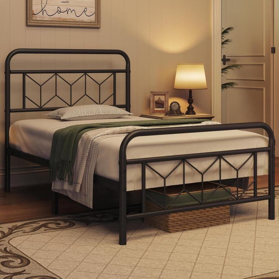 Metalen bed 90 x 190 cm vintage bedframe met hoog hoofdeinde bedframe modern minimalistisch eenpersoonsbed met lattenbodem en opbergruimte onder het bed voor slaapkamer logeerkamer