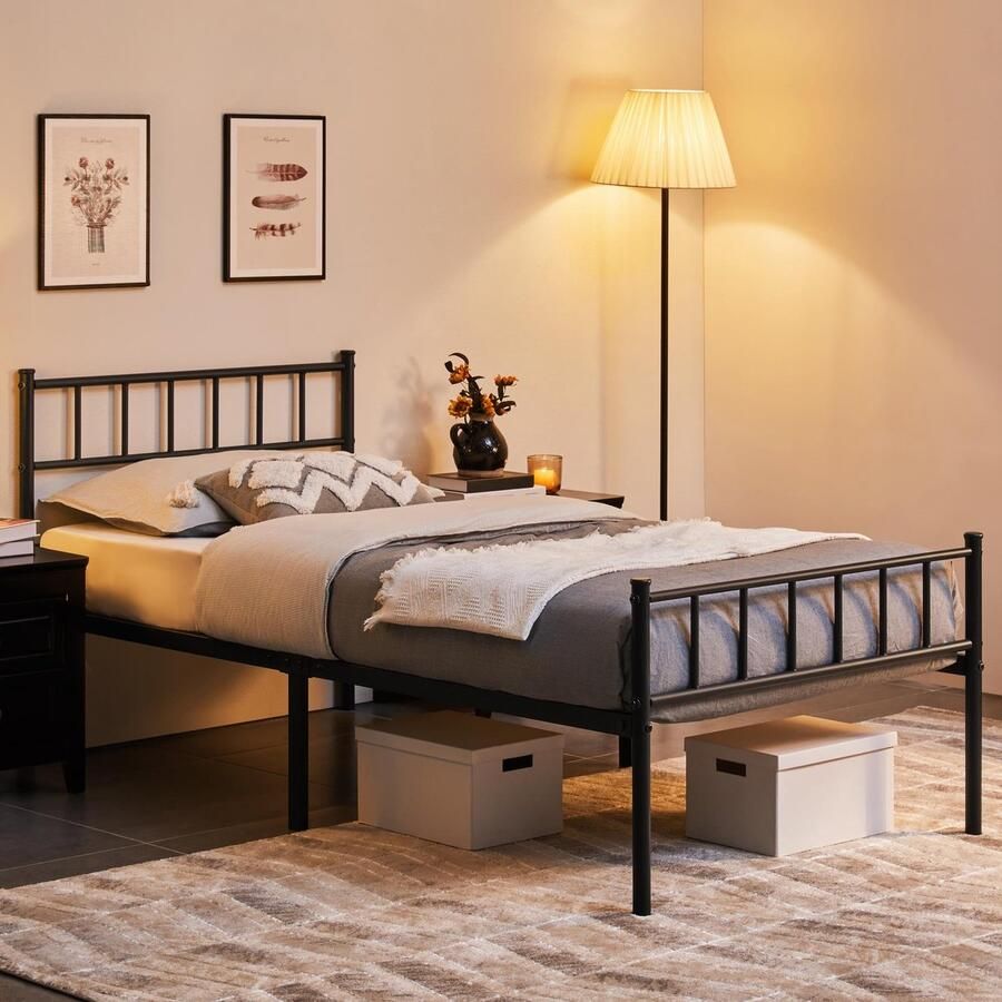 Metalen bed 90 x 200 cm bedframe met hoofdeinde bedframe van metaal logeerbed met lattenbodem voor slaapkamer logeerkamer zwart