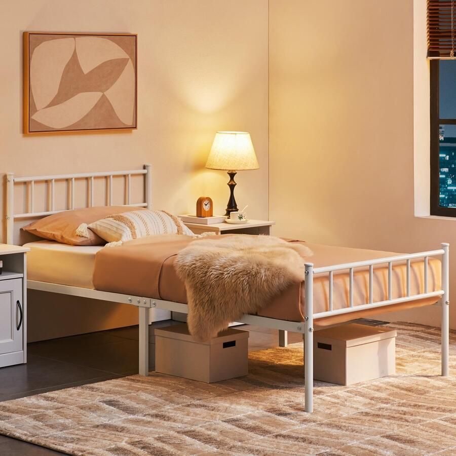 Metalen bed 90 x 200 cm bedframe met hoofdeinde bedframe van metaal logeerbed met lattenbodem voor slaapkamer logeerkamer wit