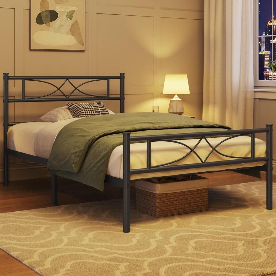 Metalen bed 90 x 200 cm bedframe met hoog hoofdeinde logeerbed met lattenbodem voor slaapkamer logeerkamer veel opbergruimte onder het bed zwart