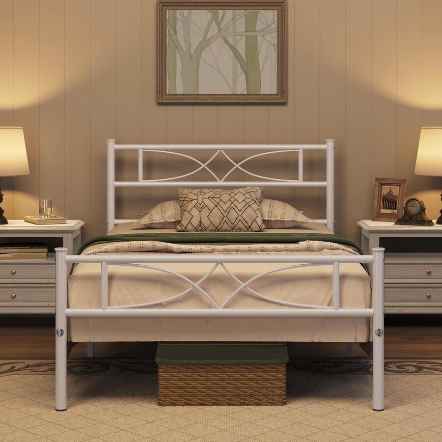 Metalen bed 90 x 200 cm bedframe met hoog hoofdeinde logeerbed met lattenbodem voor slaapkamer logeerkamer veel opbergruimte onder het bed wit