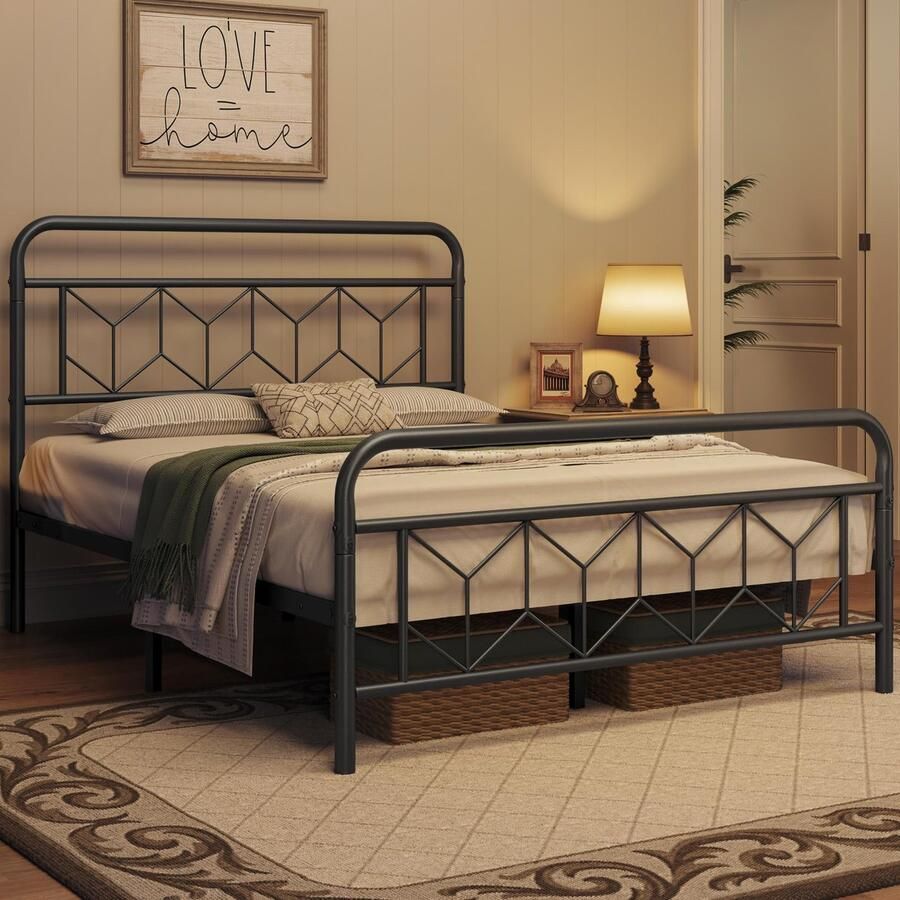 Metalen bed vintage bedframe met hoog hoofdeinde moderne minimalistische tweepersoonsbed met lattenbodem en opbergruimte onder het bed voor slaapkamer logeerkamer zwart
