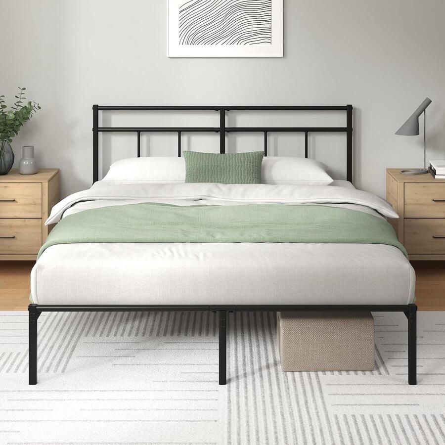 Metalen Bedframe 200 x 140 cm met Hoofdeinde 30 cm Hoog Modern Design in Zwart