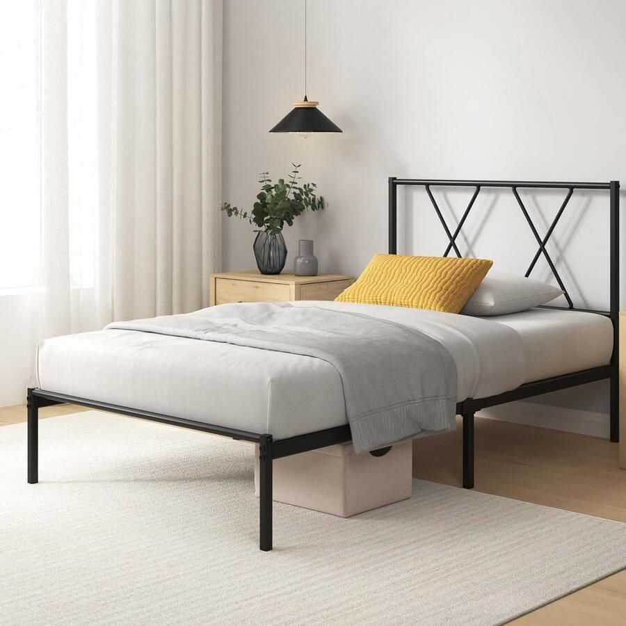 Metalen bedframe 90 x 200 cm met hoofdeinde en lattenbodem zwart ideaal voor moderne slaapkamers