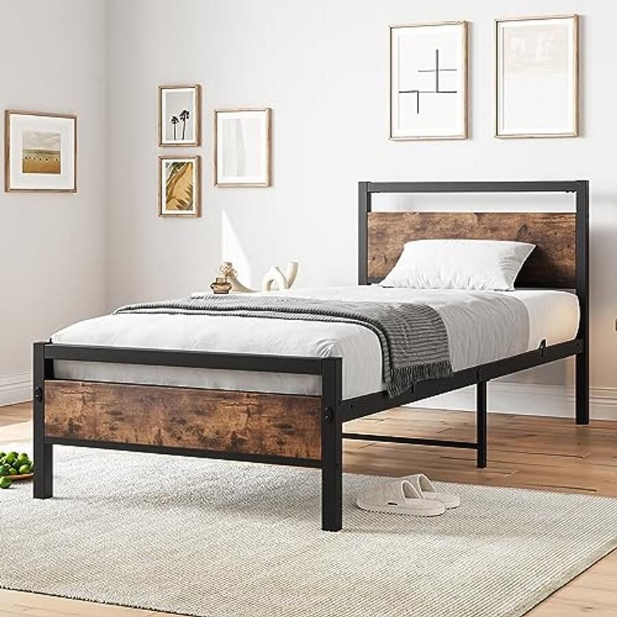 Metalen Bedframe 90 x 200 cm voor Eenpersoonsbed met Lattenbodem Bruin en Zwart