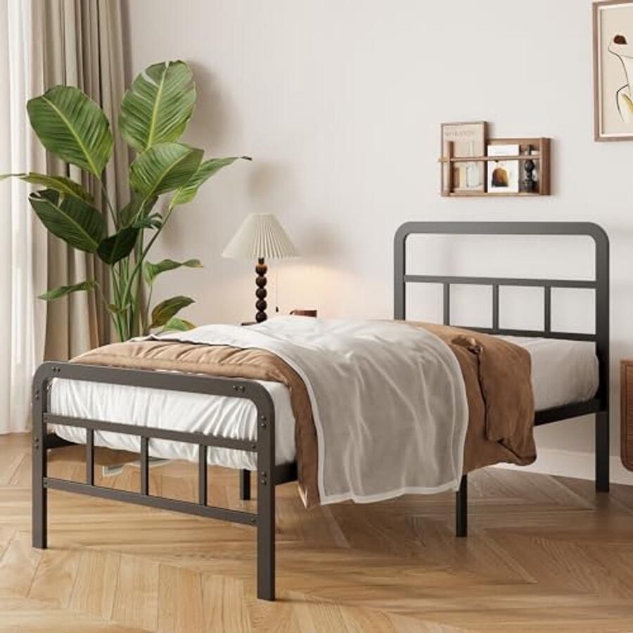 Metalen Bedframe 90x200cm met Gebogen Hoofdeinde en Voeteinde Enkel Platform Bed met Stevige Metalen Latten voor Stabiliteit Geluidloos en Eenvoudige Montage Zwart