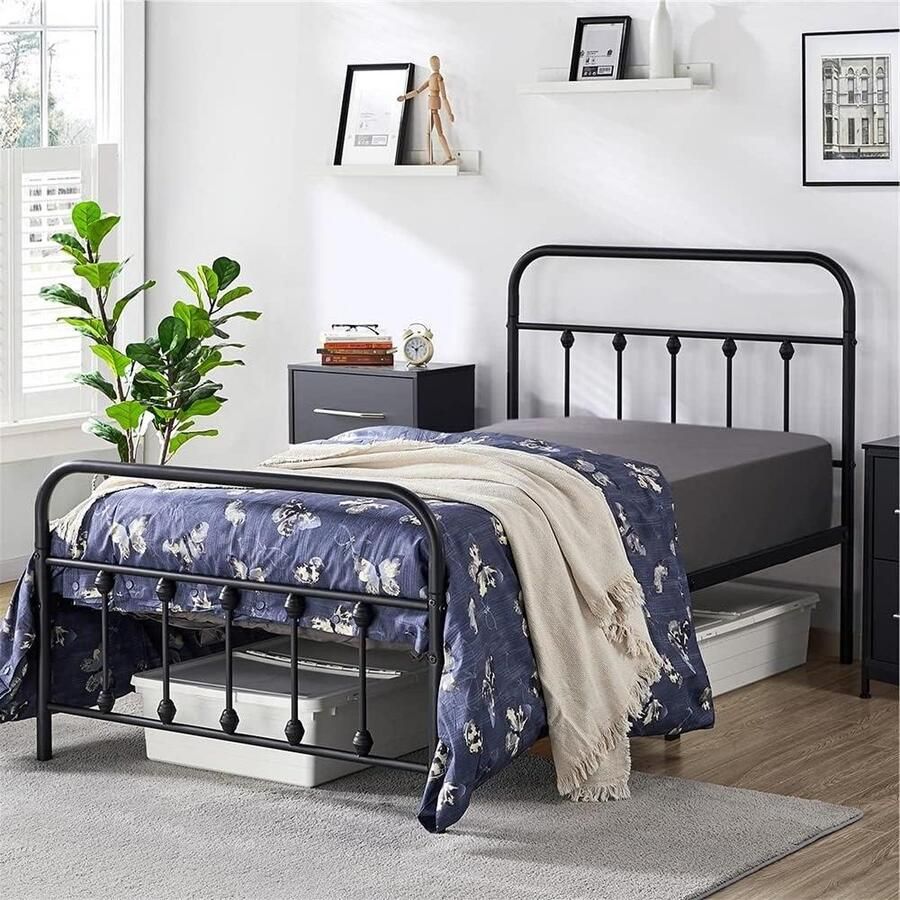 Metalen bedframe met lattenbodem modern logeerbed tienerbed zwart 90x190 cm