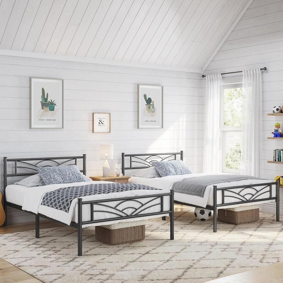 Metalen bedframe set van 2 eenpersoonsbed met lattenbodem 90 x 190 cm zwart