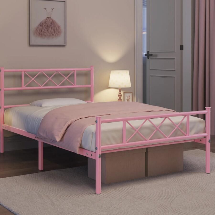 Metalen bedframes met lattenbodem eenpersoonsbed bedframe met hoofdeinde 90x190 cm lichtroze Little Stuff