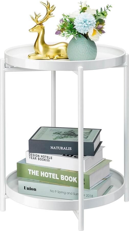 Metalen bijzettafel met afneembaar dienblad ronde accenttafel 1 stuk wit antiroest