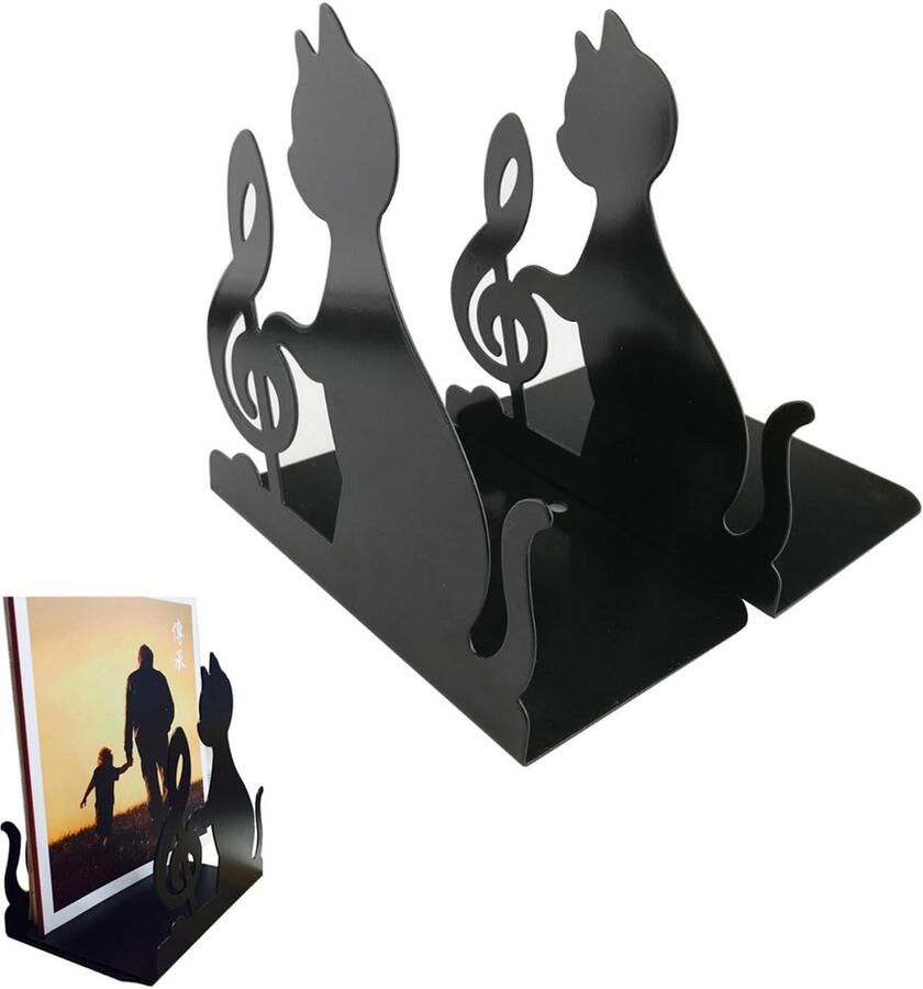 Metalen Boekensteun Heavy Duty zwart metalen boekensteunen Kat Muzieknoot Antislip Duurzaam Stevige boeken Organizer Voor slaapkamer Bibliotheek Kantoor Boekenstandaard Boekenhouder Boeksteun Book Holder Zwart Set van 2
