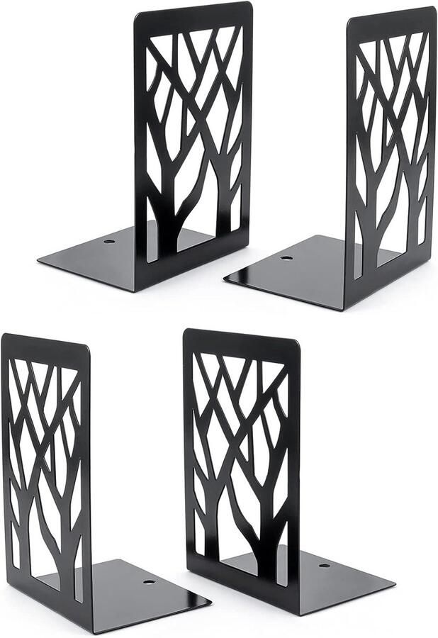 Metalen boekensteunen voor zwaar gebruik 2 Paar Decoratieve Boekenstop in Boomvorm Antislip Bureau Boekensteunen Ruimtebesparende Steunstandaard Voor Kantoren en Scholen (zwart) book ends