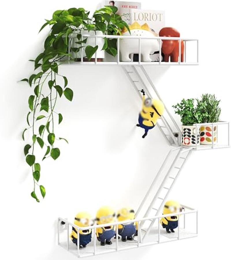 Metalen Brandladder Plank Wandopslag 3-Tier Witte Wandplanken met Manden Actie Figurine Display Plank Rustieke Drijvende Decoratieve Wandplanken