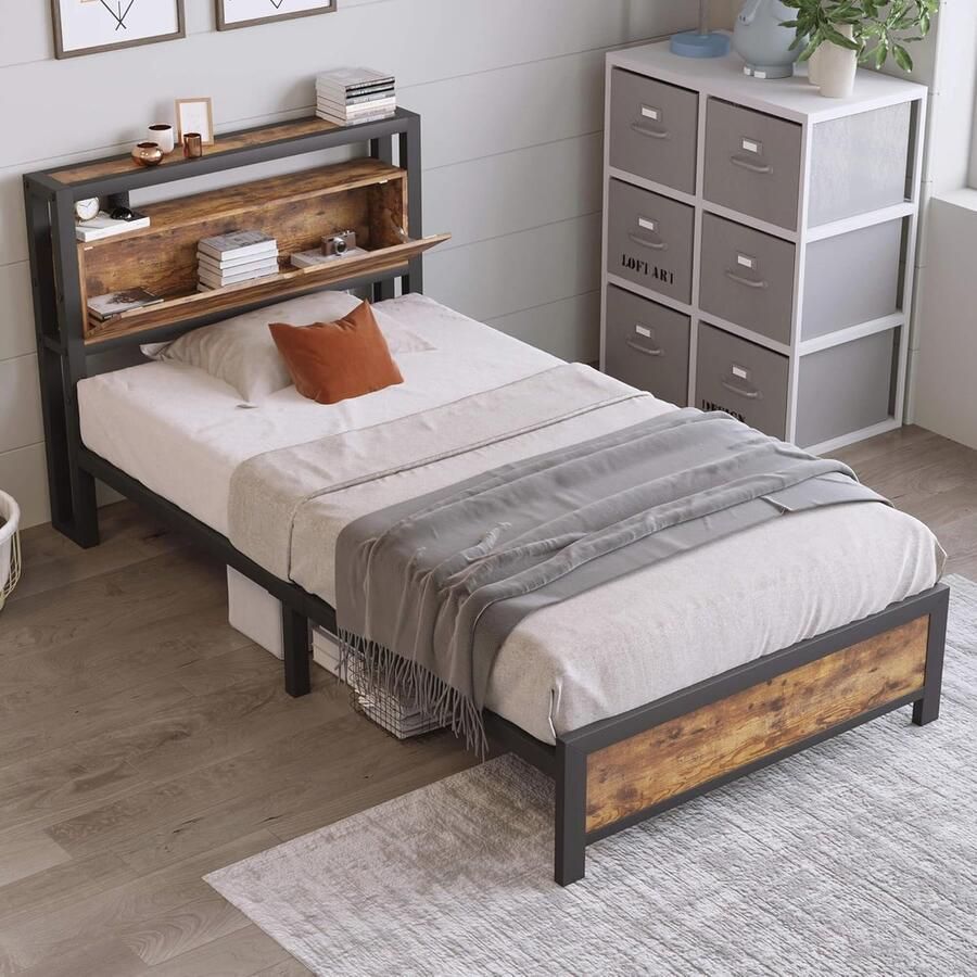 Metalen eenpersoonsbed met opberghoofdeinde 90 x 200 cm ideaal voor tieners