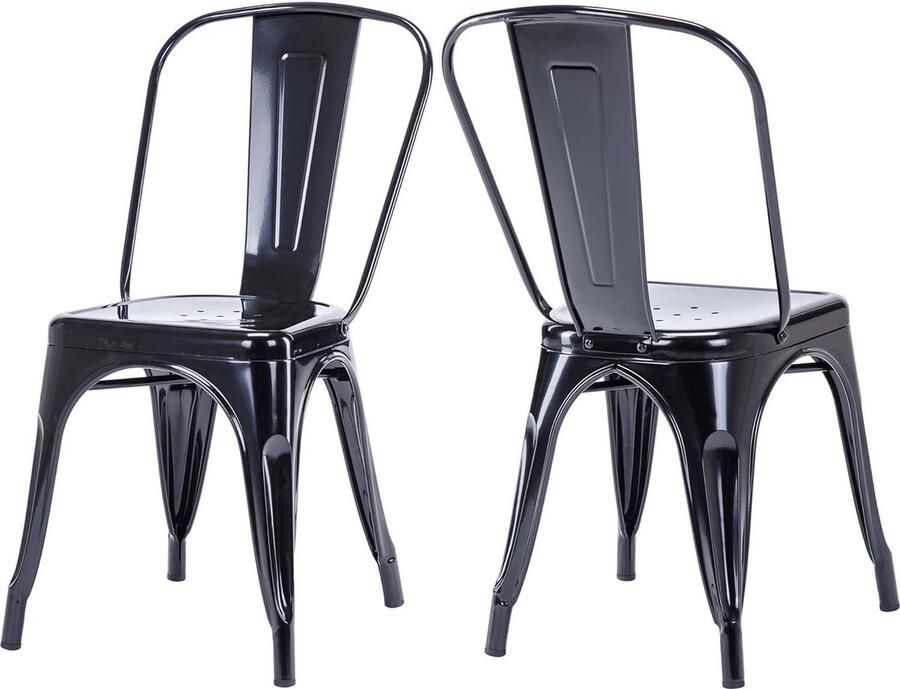 Metalen eetkamerstoel set van 2 van ijzer bistrostoel met rugleuning stapelbare keukenstoelen zwart