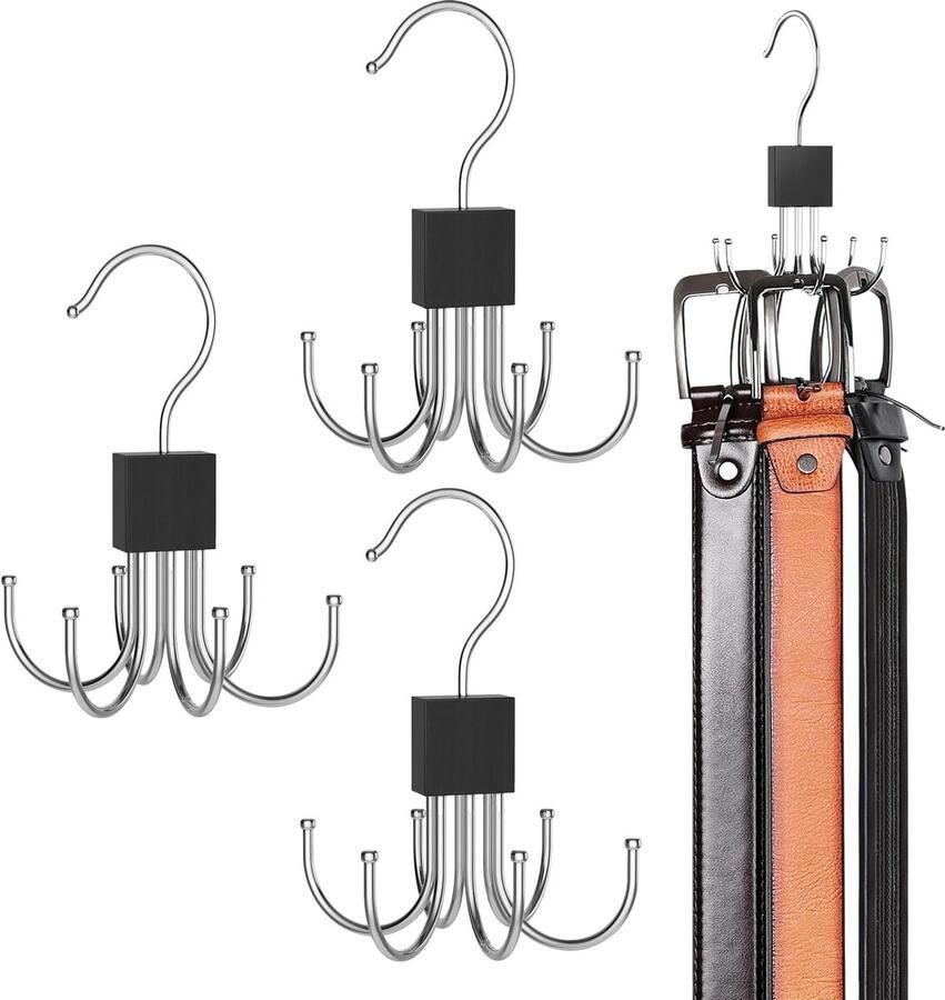 Metalen en Houten Kledingkast Organizer met 6 Multifunctionele Haken voor Riemen en Accessoires