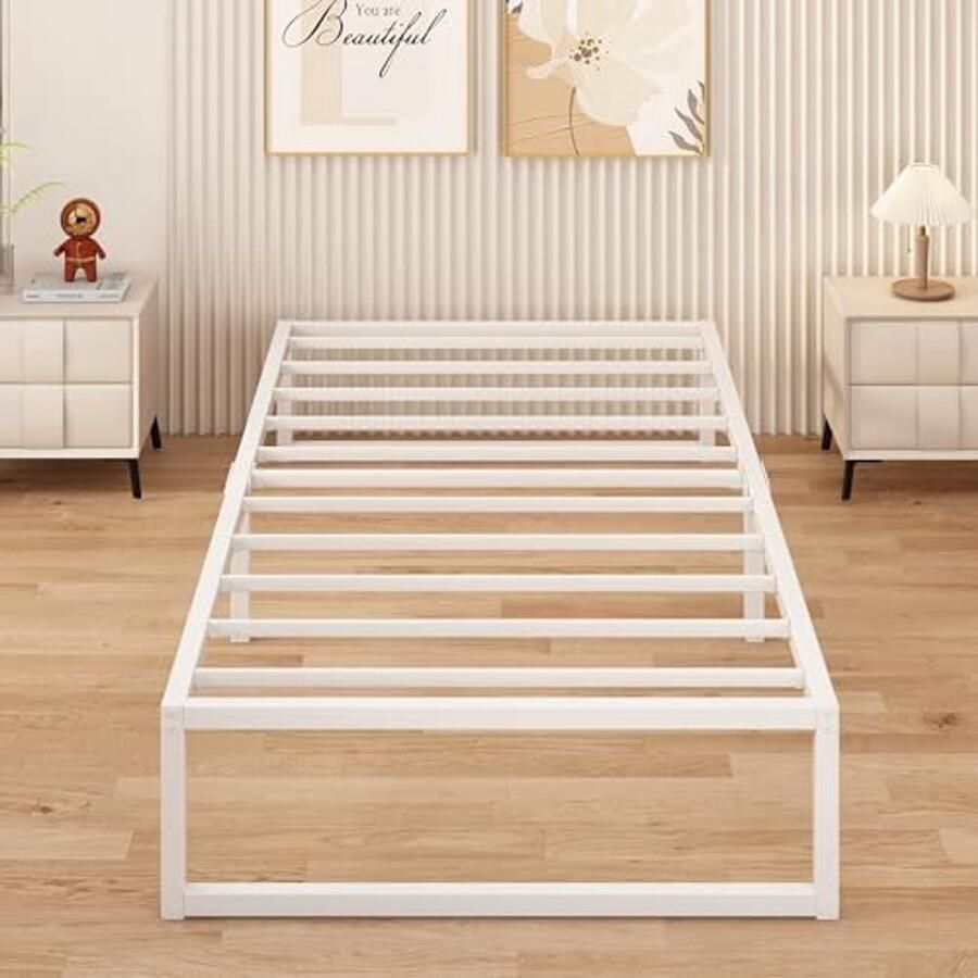 Metalen Enkele Bed 90 x 200 cm met Lattenbodem Minimalistisch Ontwerp Geluidloos en Stabiel