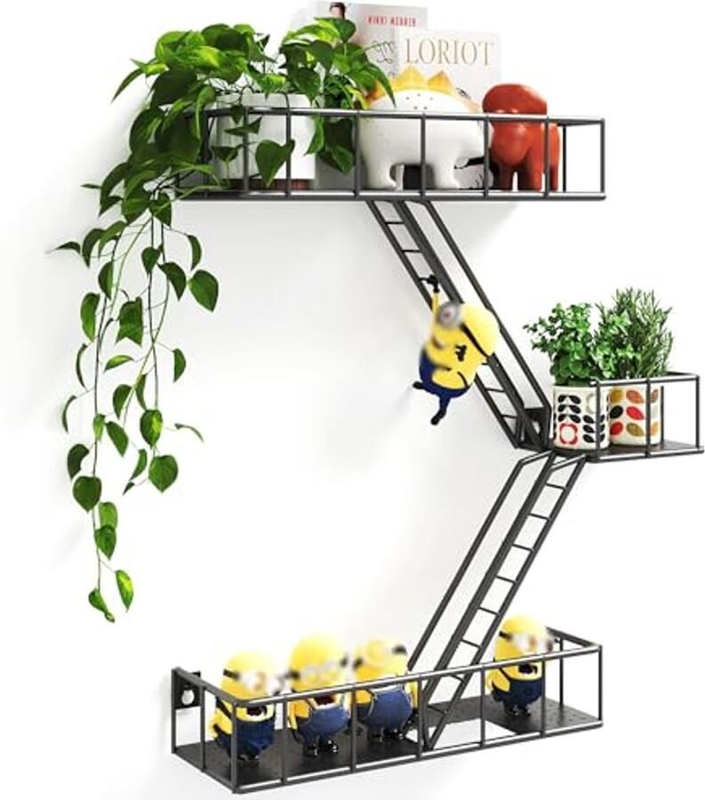 Metalen Fire Escape Ladder Plank 3-Tier Black Wandplanken met Manden voor Actiefigurines Rustieke Drijvende Decoratieve Wandplanken