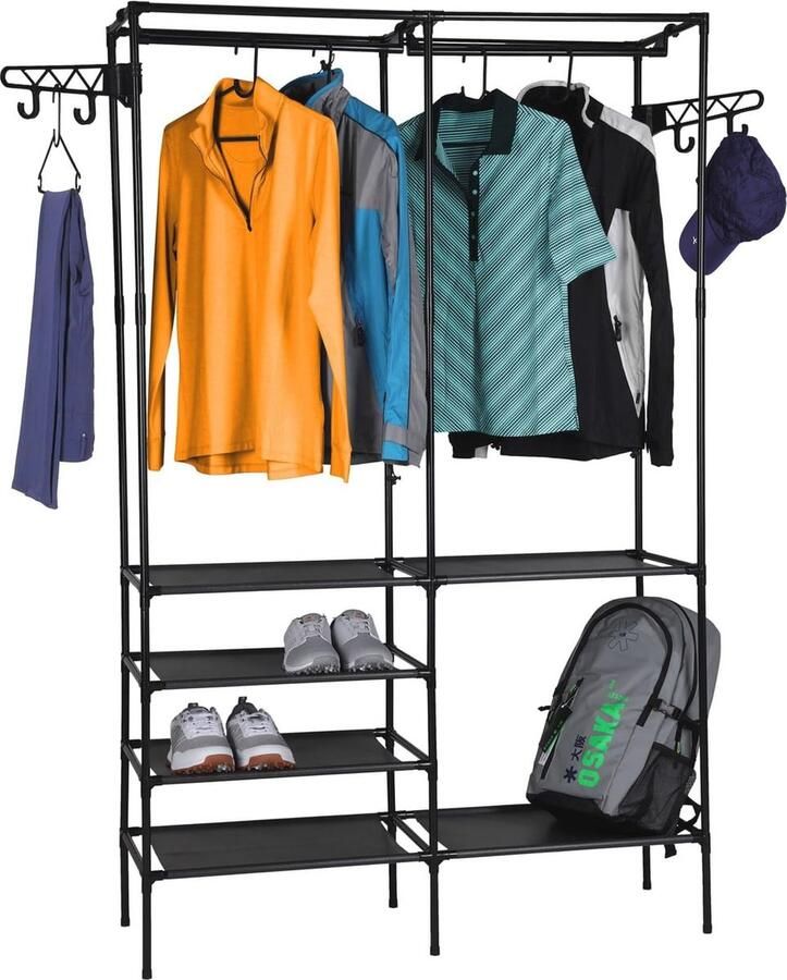 Metalen Garderobe met 6 Planken en Kledingstang Vrijstaand Zwart Kledingrek voor Jassen en Schoenen