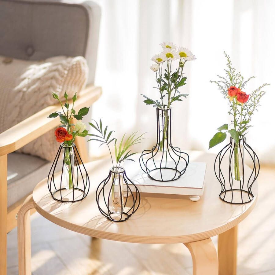 Metalen geometrische glazen vaas mini zwarte plantenstandaards set van 4 minimalistische Outline bloemenvazen voor hydrocultuur moderne reageerbuisjes frame vazen voor tafel woonkamer