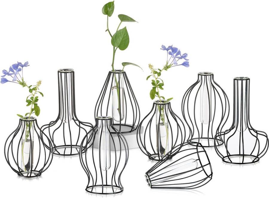 Metalen geometrische glazen vaas mini zwarte plantenstandaards set van 8 minimalistische Outline bloemenvazen voor hydrocultuur moderne reageerbuisjes frame vazen voor tafel woonkamer