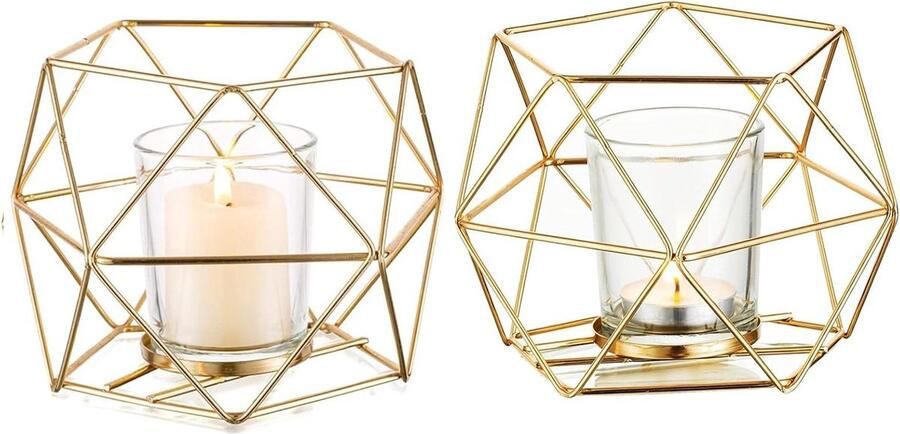 Kaarsenhouder Metalen geometrische theelichthouders 2 stuks theelichtkaarsenhouders gouden ornamenten moderne gouden kaarsenhouder woonkamer eettafel middenstuk bruiloft tafeldecoratie