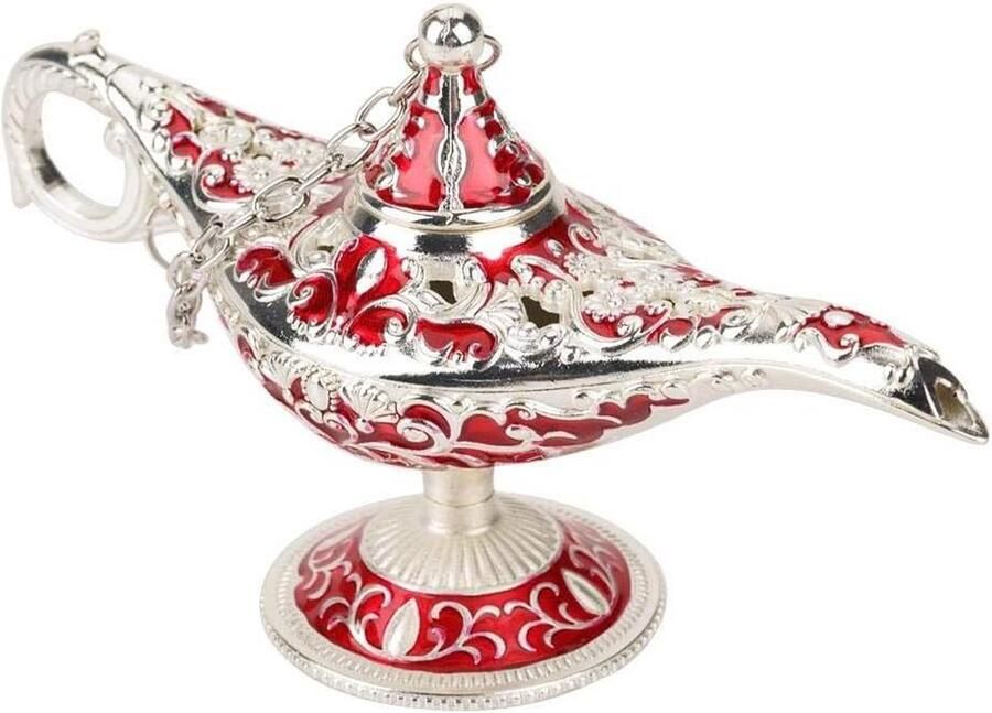 Metalen gesneden holle Aladdin lamp legende Magic Genie Light wenspot decoratie zilveren rand rood