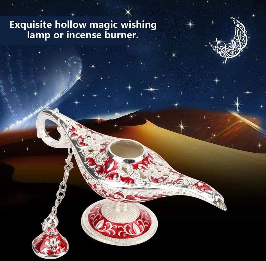 Metalen gesneden holle legende lamp Aladdin Magic Genie Light wenspot decoratie zilveren rand rood