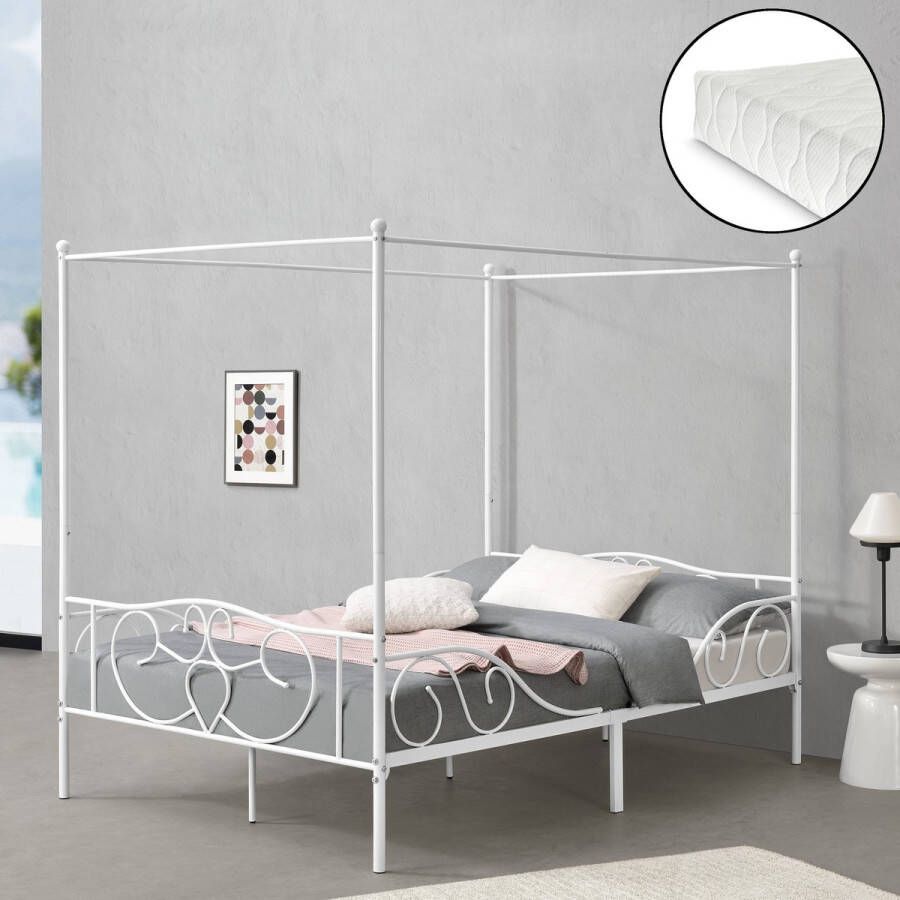 Unbranded Metalen hemelbed Alesia met bedbodem en matras 140x200 cm wit stabiel frame minimalistisch design - Foto 2