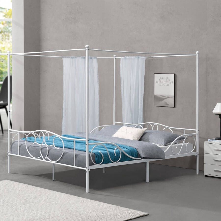 Unbranded Metalen Hemelbed Beaumont Met Bedbodem 180x200 cm Wit Stabiel Frame Minimalistisch Design - Foto 2