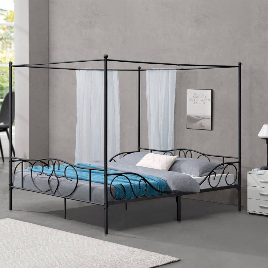 Unbranded Metalen Hemelbed Eike Met Bedbodem 180x200 cm Zwart Stabiel Frame Minimalistisch Design - Foto 2