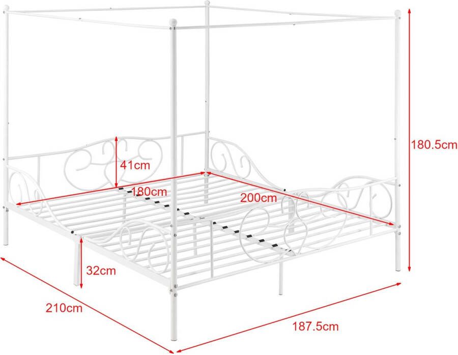 Unbranded Metalen hemelbed Gonzalo met bedbodem en matras 180x200 cm wit stabiel frame minimalistisch design - Foto 2