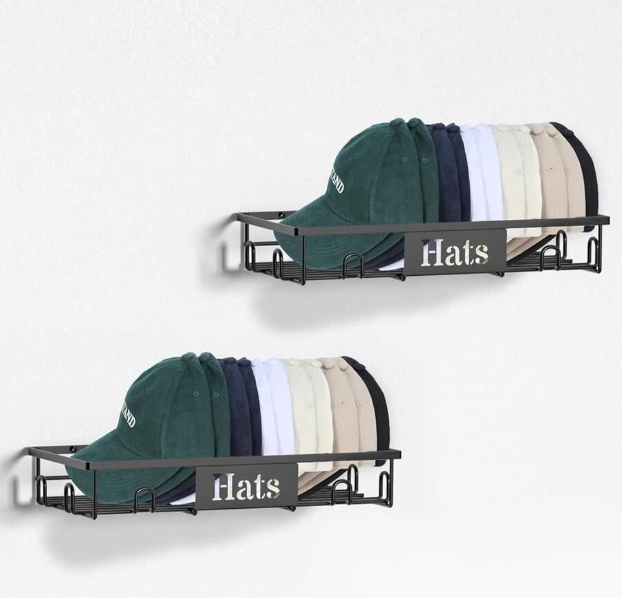 Metalen hoedenrek (geen boren nodig) opbergdoos voor honkbalpetten geschikt voor 20 petten aan de muur te bevestigen opbergdoos voor honkbalpetten hoedenrek in 2-pack geschikt voor alle muren zwart
