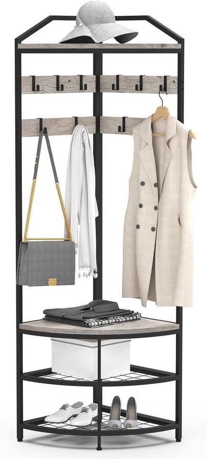 Vrijstaande kapstok met 12 beweegbare haken en opbergrek Grijs