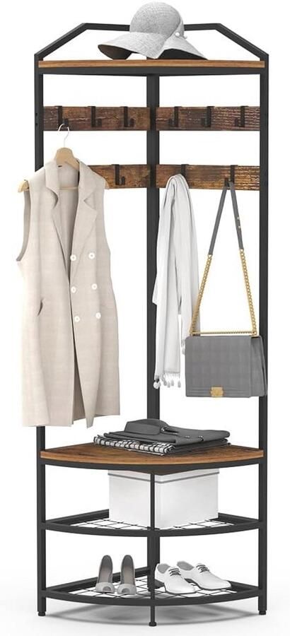 Metalen Hoekgarderobe Vrijstaand Kledingrek met 12 Beweegbare Haken en Opbergrek voor Hal Woonkamer Slaapkamer en Kantoor