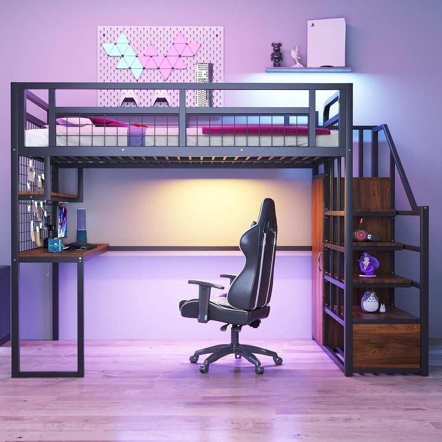 Metalen hoogslaper 140 x 200 cm met opbergladder bureau en kledingkast