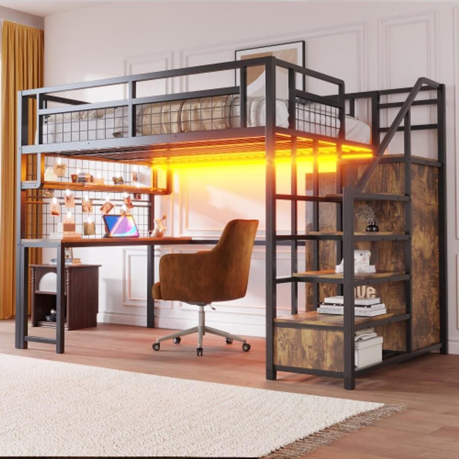 Merlooks Metalen hoogslaper 140 x 200 cm Met opbergladder en eenvoudige kledingkast met opbergvak tafel en gaasrek. Stabiel metalen frame hoogslaper zwart - Foto 2