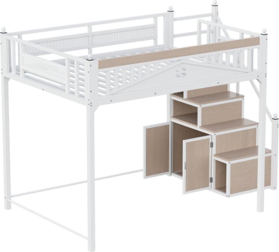 Metalen hoogslaper 140 x 200 cm metalen veiligheidshek met metalen bol en raamdesign klimladder verwisselbaar van links naar rechts veiligheidsladder met opbergvakken wit