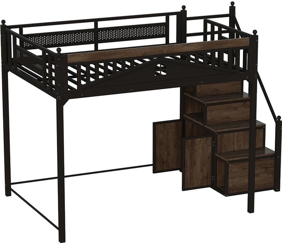 Metalen hoogslaper 140 x 200 cm metalen veiligheidshek met metalen bol en raamdesign klimladder verwisselbaar van links naar rechts veiligheidsladder met opbergvakken zwart