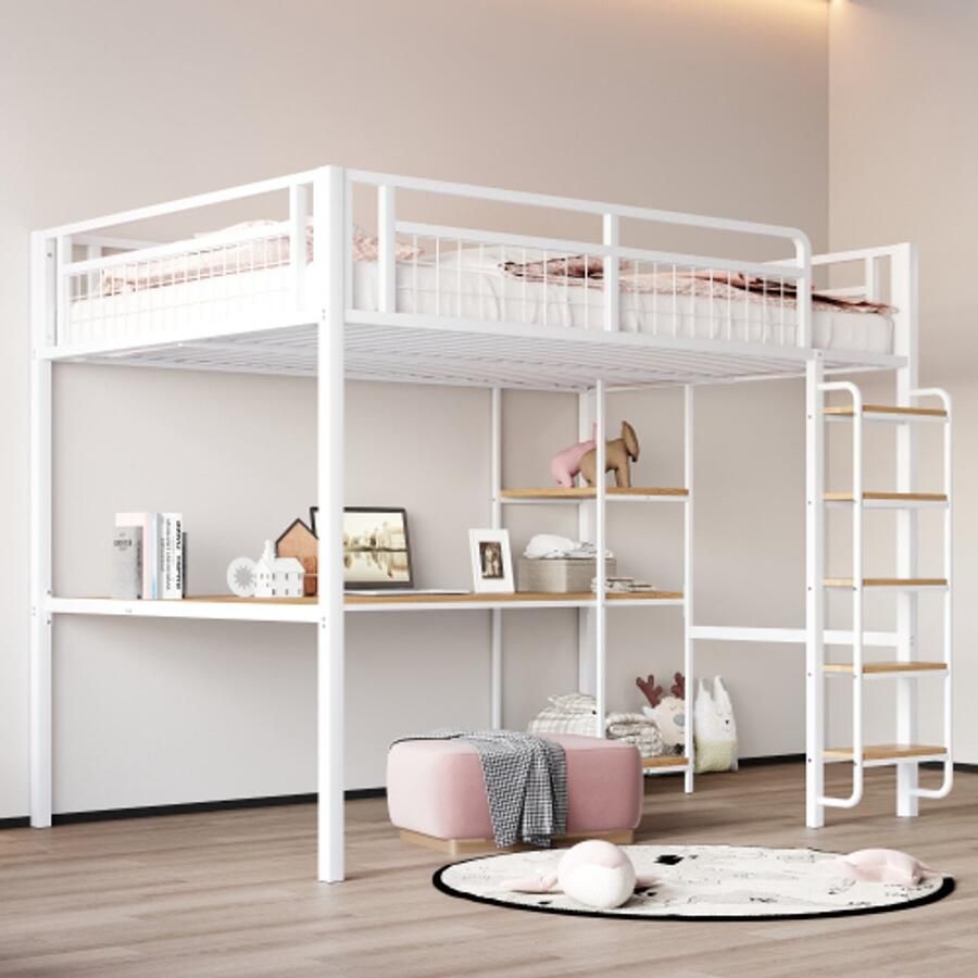 Merlooks Metalen hoogslaper 140*200cm veiligheidsladder met trap kinderbed met tafel en plank jeugdbed volwassen bed metalen gaasveiligheidshek wit