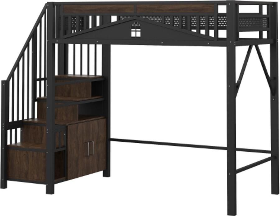 Metalen hoogslaper 90 x 200 cm veiligheidsomheining met raam veiligheidsladder met opbergvak zwart