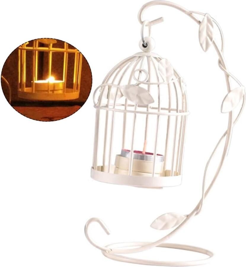 Metalen kaarsenhouder Decoratieve kaarsenhouder voor kaarsen kaarsenhouder voor thuis kaarsenhouder van ijzer decoratie voor op het bureau vintage hangende holle vogelkooi kandelaarlantaarn voor decoratie van middelpunt van bruiloft thuis (wit