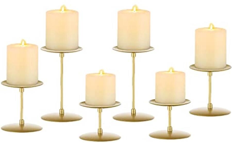 Metalen Kandelaars Goud Set van 6 Kaarsenstandaarden voor Pijlerkaarsen Moderne Decoratie voor Eettafel Bruiloft en Feest