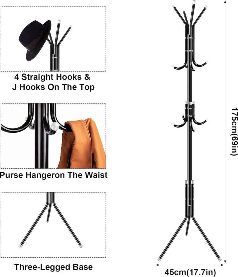 Metalen kapstok met 3 hoogtes 12 haken stevige vrijstaande kapstok voor kleding tassen hoeden kapstok voor thuis ingang kantoor hal (zwart)