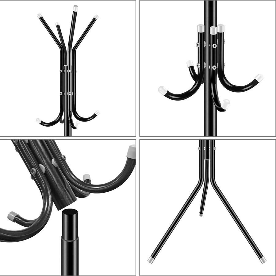 Kapstok metalen kapstok met 3 hoogtes 12 haken stevige vrijstaande kapstok voor kleding tassen hoeden kapstok voor thuis ingang kantoor hal (zwart)